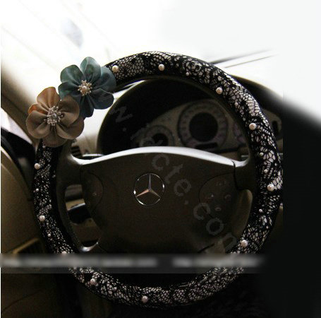 Romantic Auto Car Steering Wheel Cover flower Lace Pearl Diameter 16 inch 40CM - Black