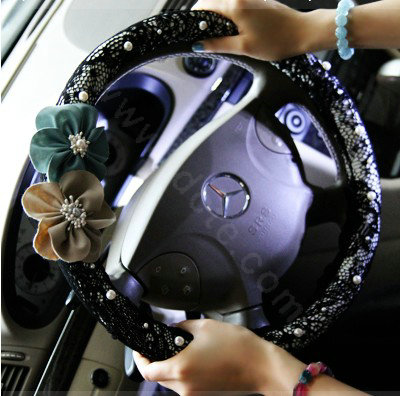 Romantic Auto Car Steering Wheel Cover flower Lace Pearl Diameter 16 inch 40CM - Black