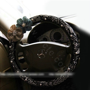 Romantic Auto Car Steering Wheel Cover flower Lace Pearl Diameter 14 inch 36CM - Black