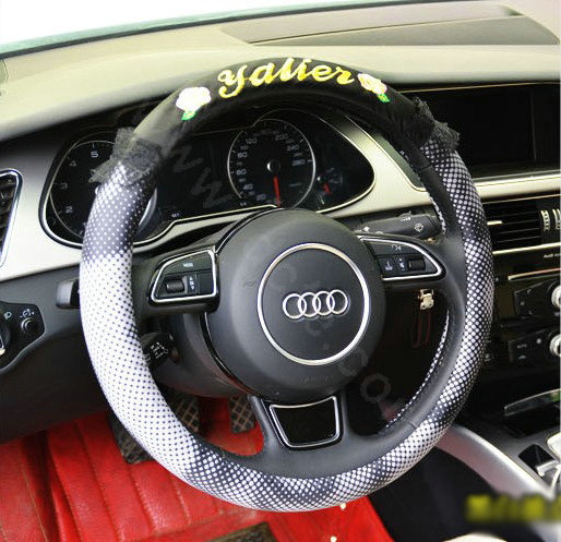 Yle Auto Car Steering Wheel Cover Dots Lace Superfibers Diameter 15 inch 38CM - Black White