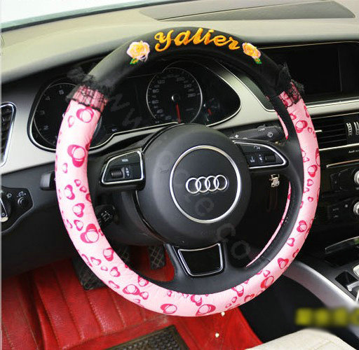 Yle Auto Car Steering Wheel Cover Heart Lace Superfibers Diameter 15 inch 38CM - Pink