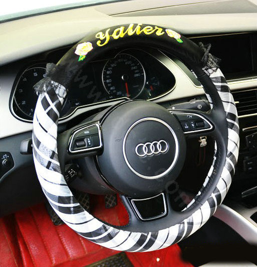 Yle Auto Car Steering Wheel Cover Lace Stripe Superfibers Diameter 15 inch 38CM - Black White