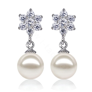 925 sterling silver Natural freshwater pearl Snowflake earrings Eardrop 8X8.5mm