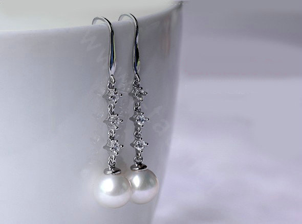 925 sterling silver Natural freshwater pearl earrings long Eardrop 9X9.5mm