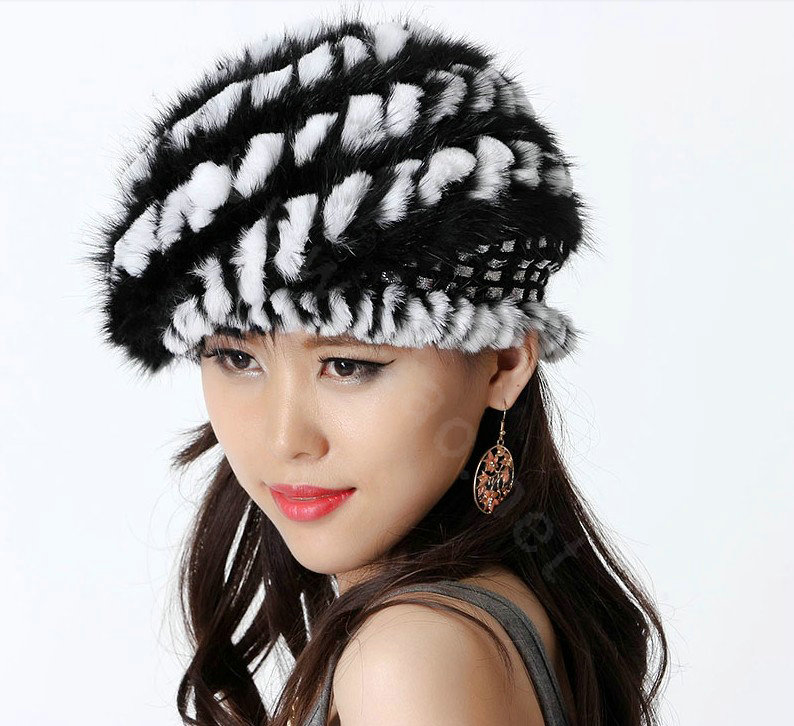 Autumn and Winter Women Knitted Rex Rabbit Mink Fur Beret Hats Warm Caps - Black