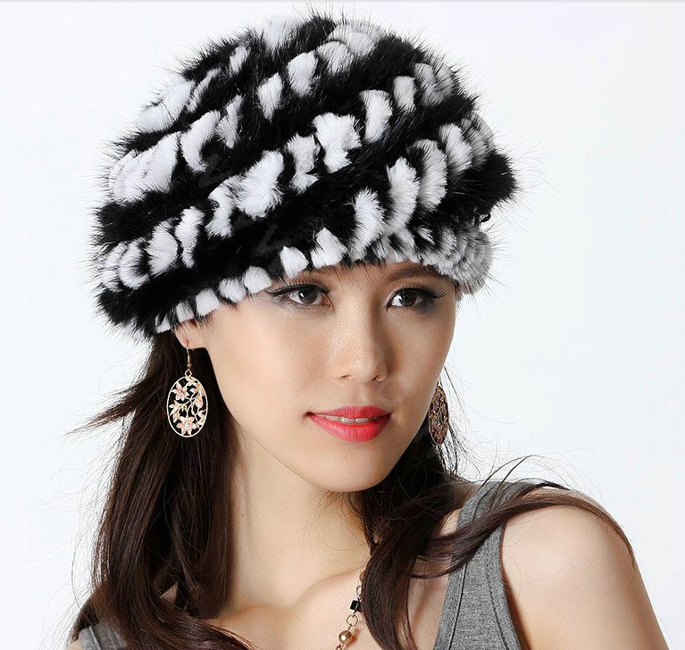 Autumn and Winter Women Knitted Rex Rabbit Mink Fur Beret Hats Warm Caps - Black