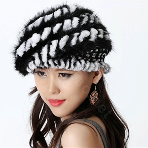 Autumn and Winter Women Knitted Rex Rabbit Mink Fur Beret Hats Warm Caps - Black