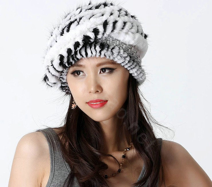 Autumn and Winter Women Knitted Rex Rabbit Mink Fur Beret Hats Warm Caps - White
