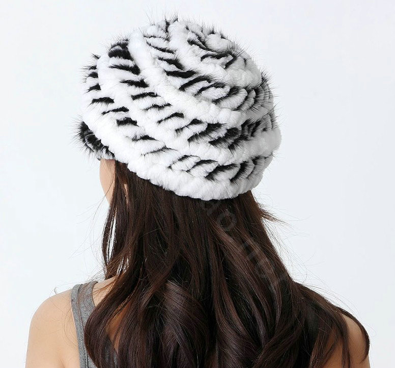 Autumn and Winter Women Knitted Rex Rabbit Mink Fur Beret Hats Warm Caps - White
