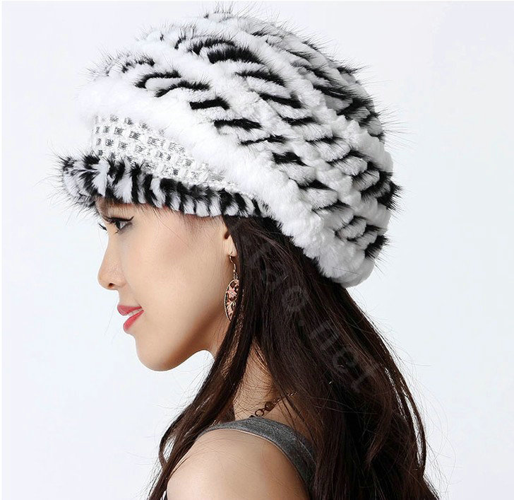 Autumn and Winter Women Knitted Rex Rabbit Mink Fur Beret Hats Warm Caps - White