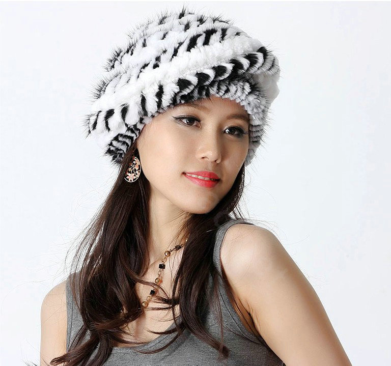 Autumn and Winter Women Knitted Rex Rabbit Mink Fur Beret Hats Warm Caps - White
