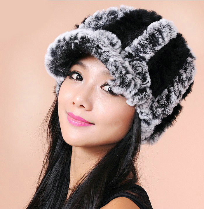 Autumn and winter Women's Knitted Rex Rabbit Fur Hats beret hat Stripe Warm Caps - Black Grey