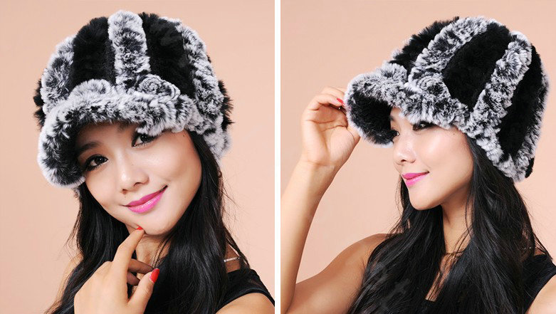 Autumn and winter Women's Knitted Rex Rabbit Fur Hats beret hat Stripe Warm Caps - Black Grey