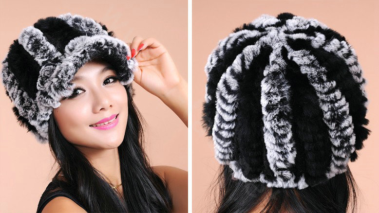 Autumn and winter Women's Knitted Rex Rabbit Fur Hats beret hat Stripe Warm Caps - Black Grey