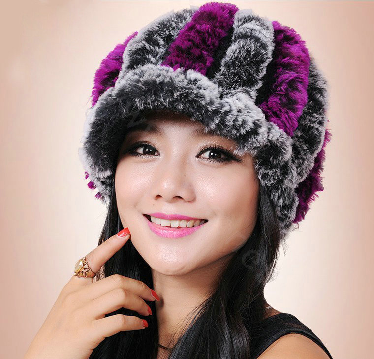 Autumn and winter Women's Knitted Rex Rabbit Fur Hats beret hat Stripe Warm Caps - Black Purple