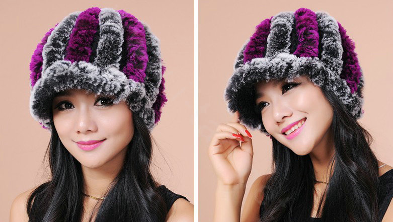 Autumn and winter Women's Knitted Rex Rabbit Fur Hats beret hat Stripe Warm Caps - Black Purple