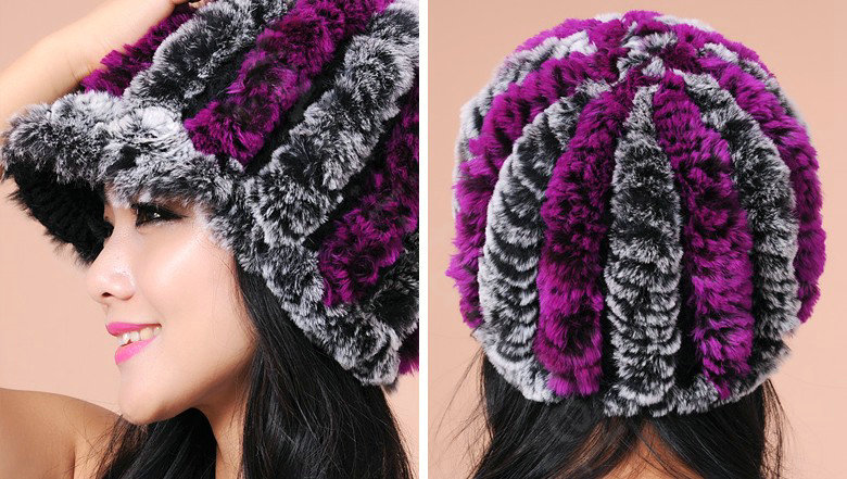 Autumn and winter Women's Knitted Rex Rabbit Fur Hats beret hat Stripe Warm Caps - Black Purple