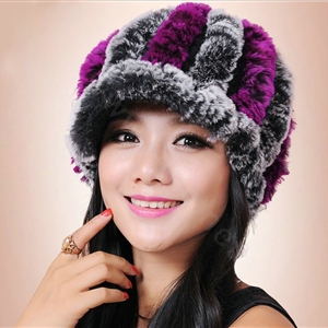 Autumn and winter Women's Knitted Rex Rabbit Fur Hats beret hat Stripe Warm Caps - Black Purple