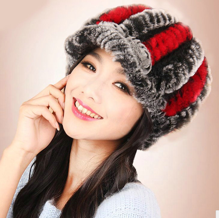 Autumn and winter Women's Knitted Rex Rabbit Fur Hats beret hat Stripe Warm Caps - Black Red