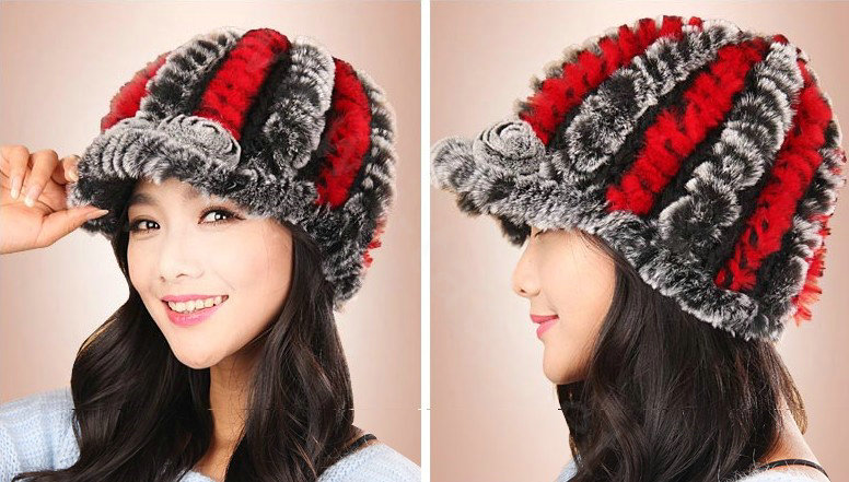 Autumn and winter Women's Knitted Rex Rabbit Fur Hats beret hat Stripe Warm Caps - Black Red