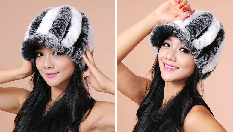 Autumn and winter Women's Knitted Rex Rabbit Fur Hats beret hat Stripe Warm Caps - Black White