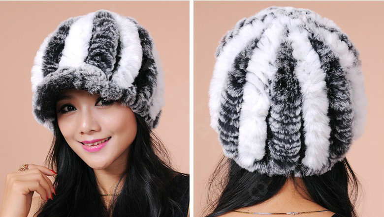 Autumn and winter Women's Knitted Rex Rabbit Fur Hats beret hat Stripe Warm Caps - Black White