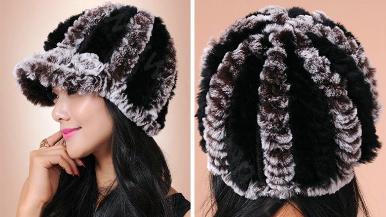 Autumn and winter Women's Knitted Rex Rabbit Fur Hats beret hat Stripe Warm Caps - Brown Black