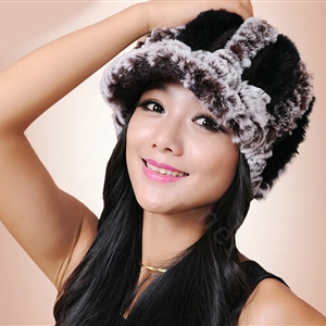 Autumn and winter Women's Knitted Rex Rabbit Fur Hats beret hat Stripe Warm Caps - Brown Black