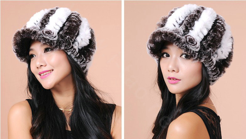 Autumn and winter Women's Knitted Rex Rabbit Fur Hats beret hat Stripe Warm Caps - Brown White