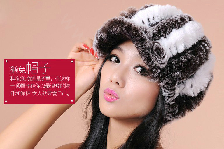 Autumn and winter Women's Knitted Rex Rabbit Fur Hats beret hat Stripe Warm Caps - Brown White