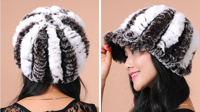 Autumn and winter Women's Knitted Rex Rabbit Fur Hats beret hat Stripe Warm Caps - Brown White
