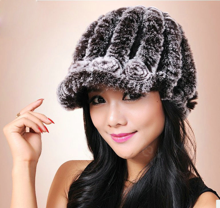 Autumn and winter Women's Knitted Rex Rabbit Fur Hats beret hat Stripe Warm Caps - Brown