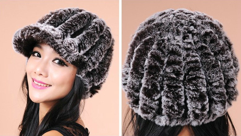 Autumn and winter Women's Knitted Rex Rabbit Fur Hats beret hat Stripe Warm Caps - Brown