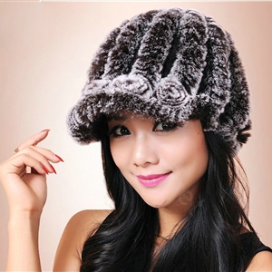 Autumn and winter Women's Knitted Rex Rabbit Fur Hats beret hat Stripe Warm Caps - Brown
