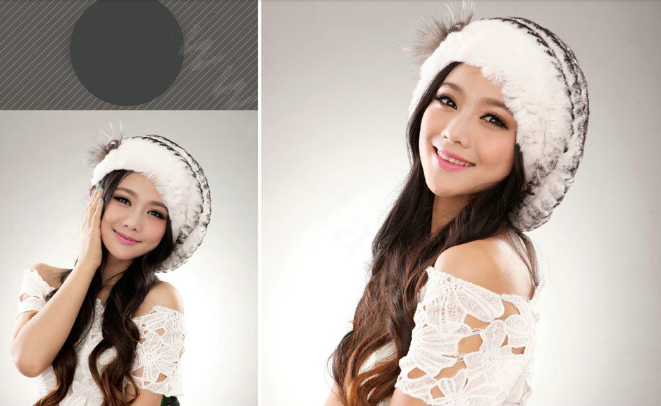 Autumn and winter fur rabbit beret hat warm caps cold-proof rex rabbit hair hat - Black White