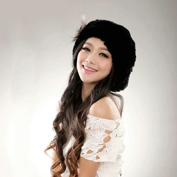 Autumn and winter fur rabbit beret hat warm caps cold-proof rex rabbit hair hat - Black