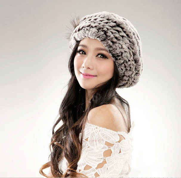 Autumn and winter fur rabbit beret hat warm caps cold-proof rex rabbit hair hat - Coffee