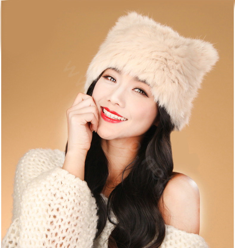 Child kids Rabbit Fur Hat Knitted Thicker Winter Warm Cute Baby female Caps - Beige