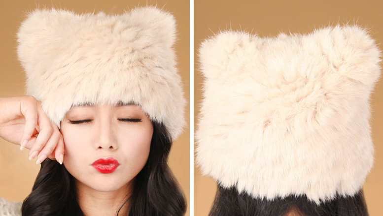 Child kids Rabbit Fur Hat Knitted Thicker Winter Warm Cute Baby female Caps - Beige