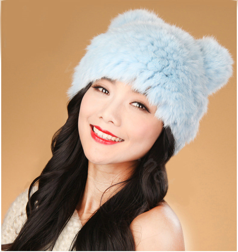Child kids Rabbit Fur Hat Knitted Thicker Winter Warm Cute Baby female Caps - Blue