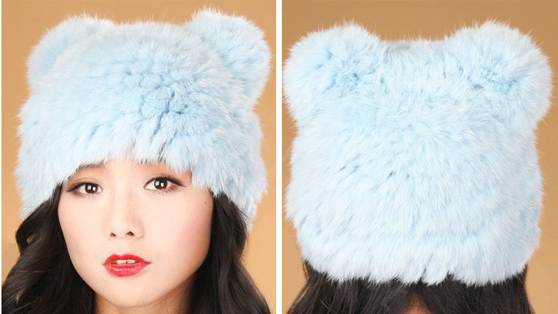 Child kids Rabbit Fur Hat Knitted Thicker Winter Warm Cute Baby female Caps - Blue