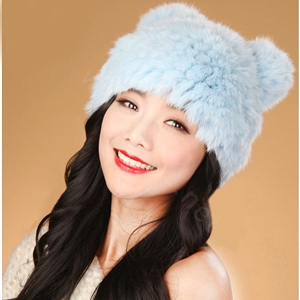 Child kids Rabbit Fur Hat Knitted Thicker Winter Warm Cute Baby female Caps - Blue