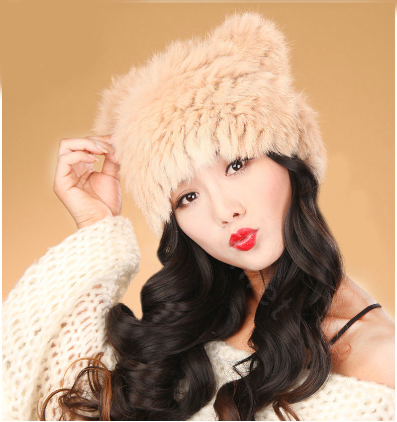 Child kids Rabbit Fur Hat Knitted Thicker Winter Warm Cute Baby female Caps - Khaki