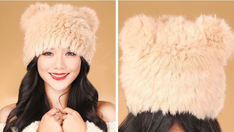 Child kids Rabbit Fur Hat Knitted Thicker Winter Warm Cute Baby female Caps - Khaki