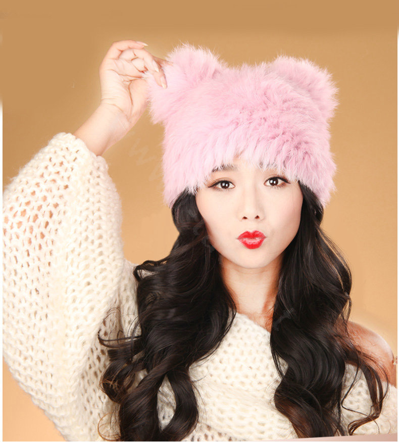 Child kids Rabbit Fur Hat Knitted Thicker Winter Warm Cute Baby female Caps - Pink