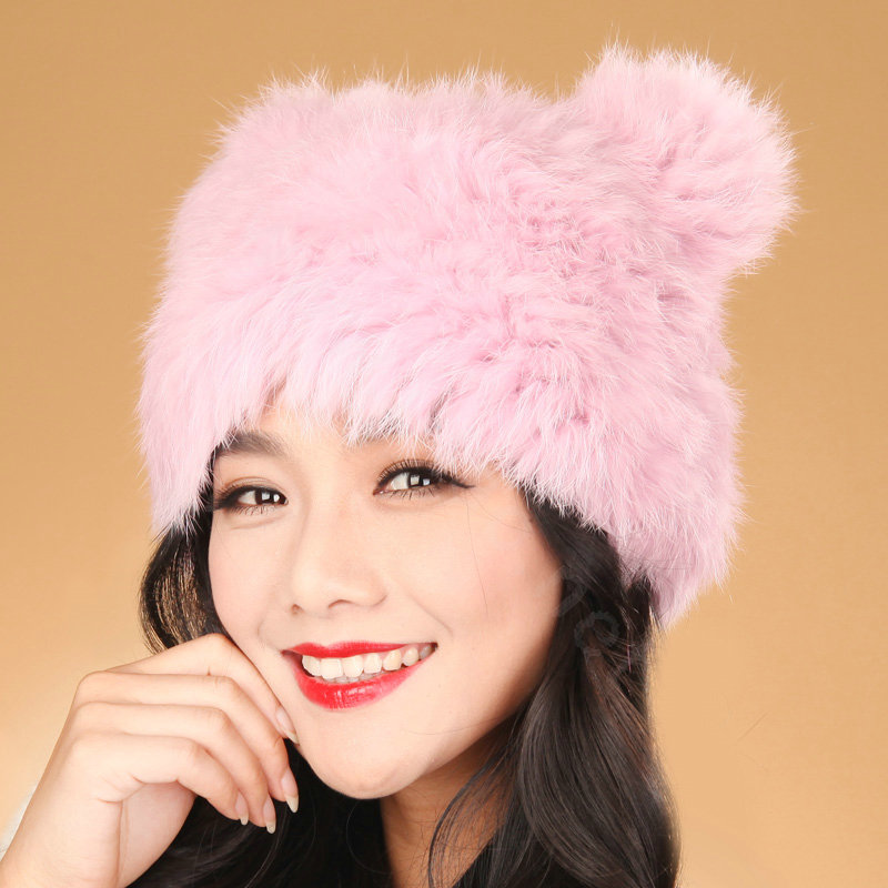 Child kids Rabbit Fur Hat Knitted Thicker Winter Warm Cute Baby female Caps - Pink