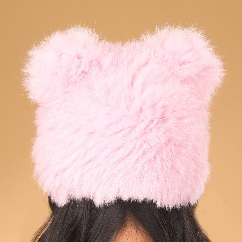 Child kids Rabbit Fur Hat Knitted Thicker Winter Warm Cute Baby female Caps - Pink