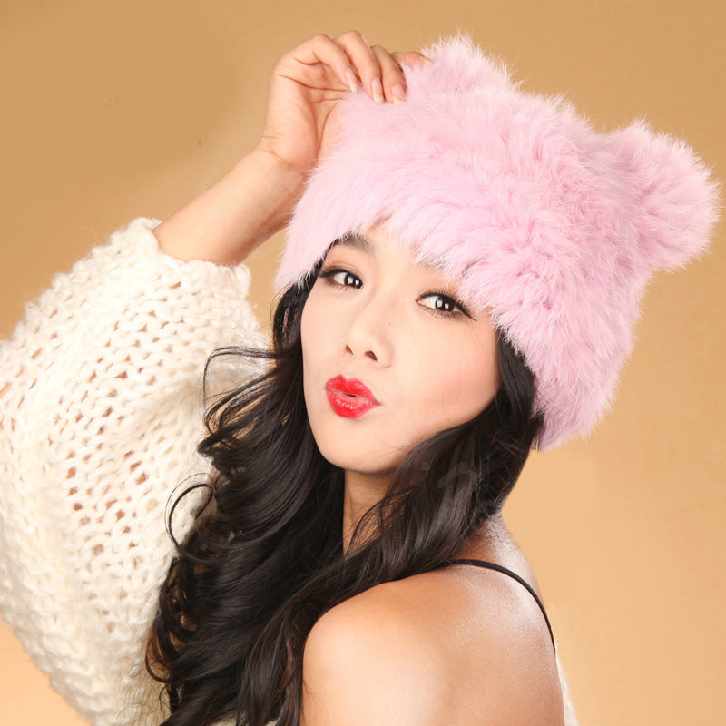 Child kids Rabbit Fur Hat Knitted Thicker Winter Warm Cute Baby female Caps - Pink