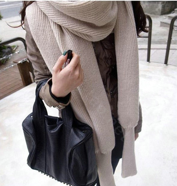 Fashion Unisex Long Wool knitted capes warm scarf shawls Neck Wrap tippet with sleeves - Red