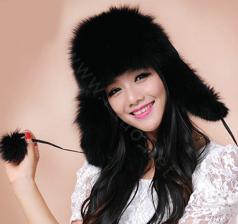 Fashion Women Fox Fur Hats Winter Warm Whole Leather Ear protector Caps - Black